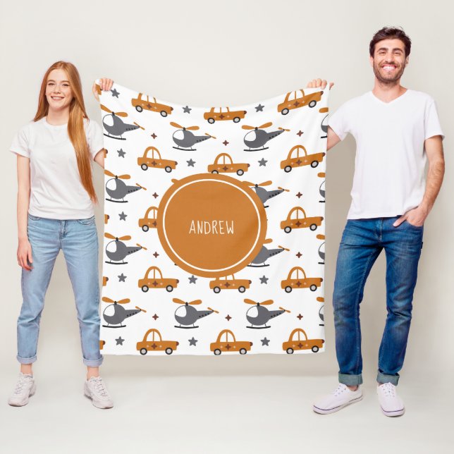 Helicopters and Cars Kid Toys Pattern & Boy Name Fleece Blanket (In Situ)