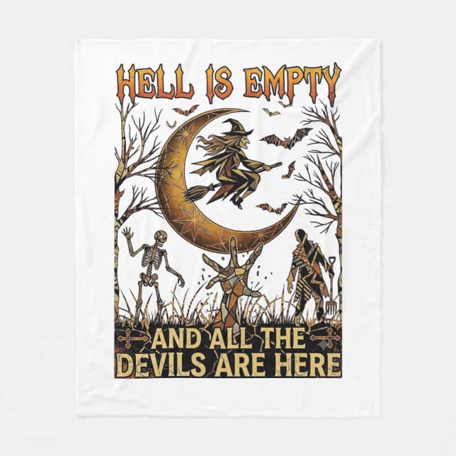Hell Is Empty Halloween Witch Crescent Moon Skelet Fleece Blanket (Front)
