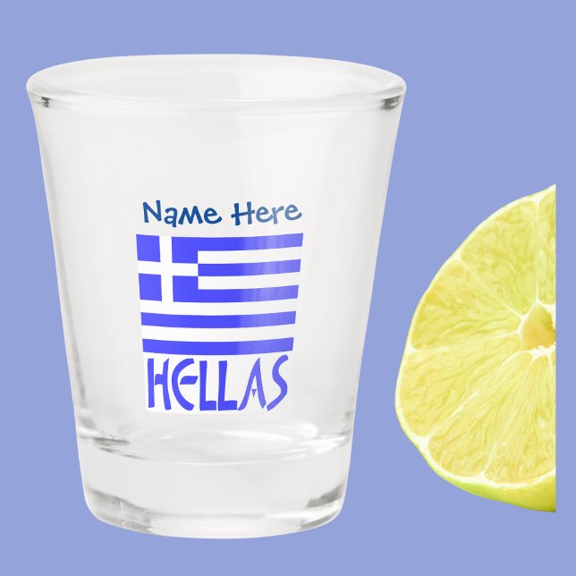Hellas Greek Flag Blue Personalisation  Shot Glass (Shot glass with the Greek flag and the word HELLAS below in blue. Add à name above.)