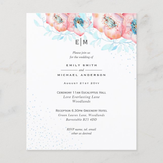 Hellebore Blue Dusty Rose Wedding Reception BUDGET Flyer (Front)