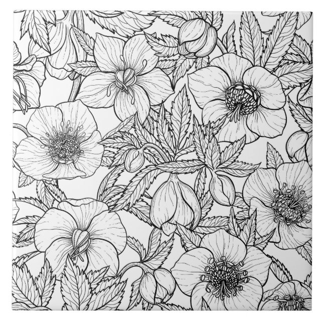 Hellebores in black and white ceramic tile (Front)