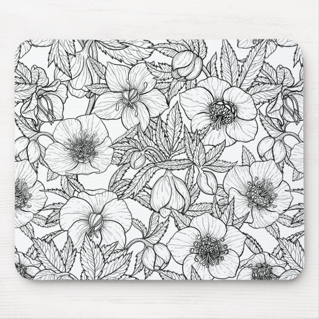 Hellebores in black and white mouse pad (Front)