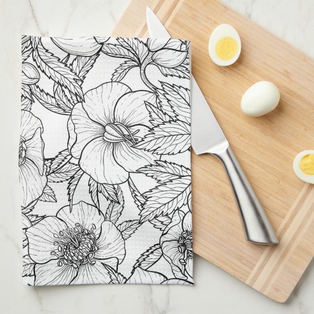 Hellebores in black and white tea towel (Quarter Fold)