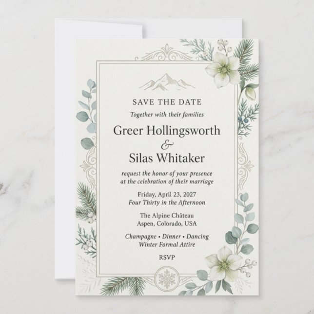 Hellebores, Pine Fir, Eucalyptus, Berries, Snow Fl Invitation (Front)