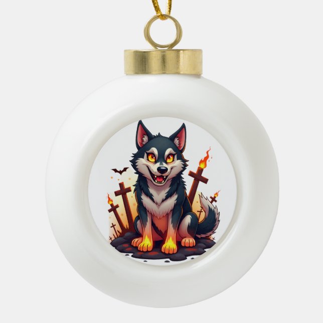 Hellhound Husky Dog Ceramic Ball Christmas Ornament (Front)