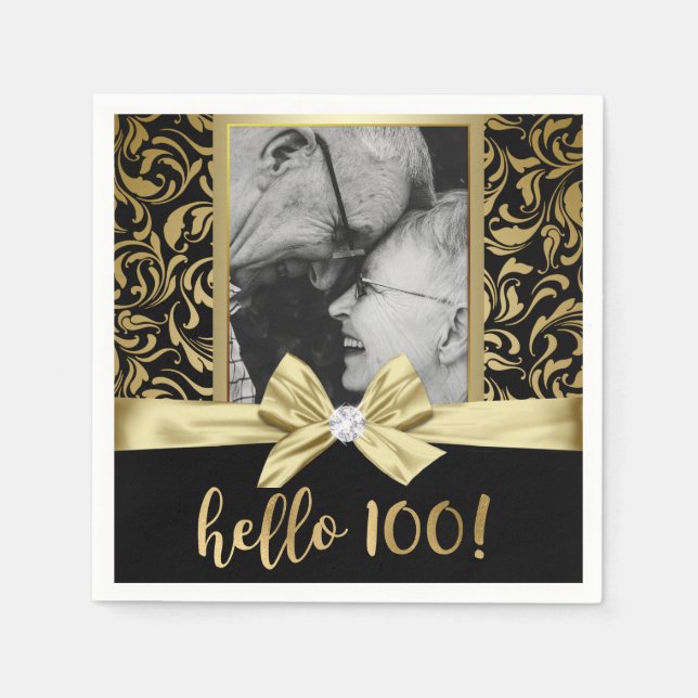 Hello 100 Gold Black Damask 100th Birthday Napkin (Front)