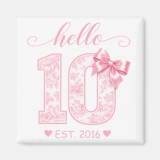 Hello 10 Birthday | Pink Hello 10 Custom Year Magnet (Front)