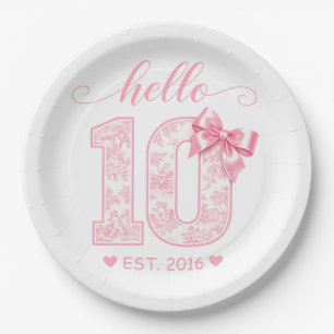 Hello 10 Birthday Pink Hello 10 Custom Year Paper Plate