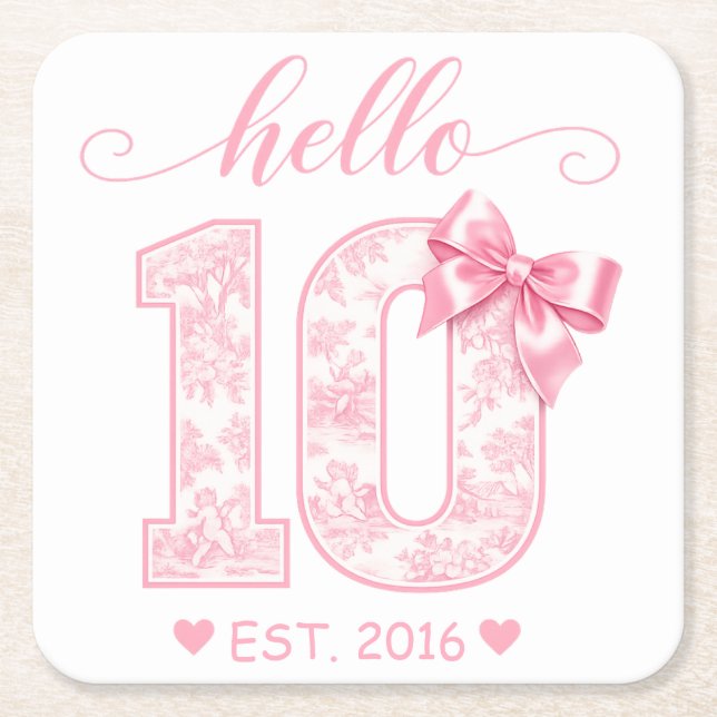 Hello 10 Birthday | Pink Hello 10 Custom Year Square Paper Coaster (Front)