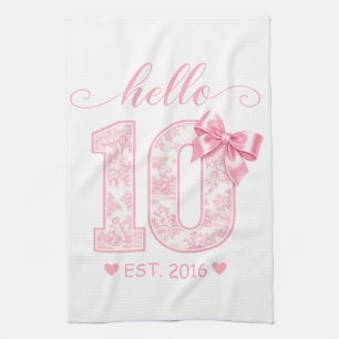 Hello 10 Birthday   Pink Hello 10 Custom Year Tea Towel