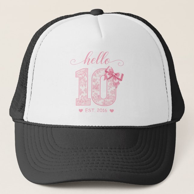 Hello 10 Birthday | Pink Hello 10 Custom Year Trucker Hat (Front)