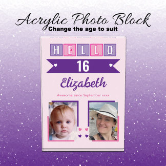 Hello 16 (any age) name est date pink purple photo block