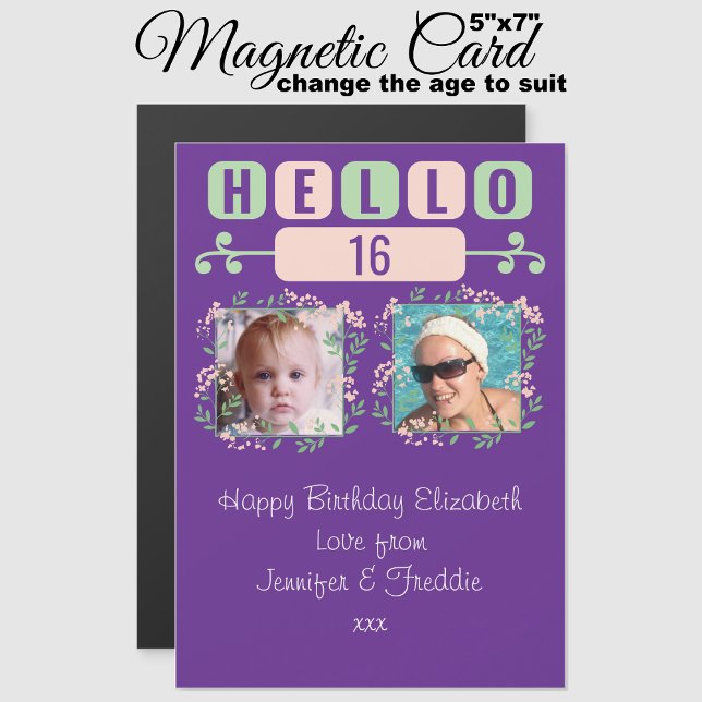 Hello 16 birthday 2 photo purple magnetic card (Creator Uploaded)