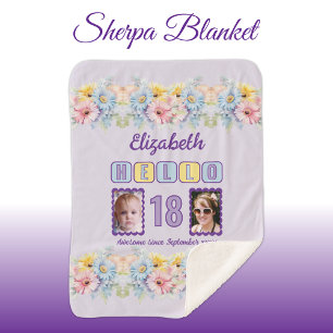 Hello 18 2 photo name date flowers purple sherpa blanket