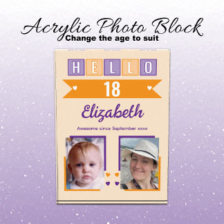 Hello 18 (any age) name est date orange purple photo block