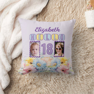 Hello 18 name 2 photos gerbera flowers purple cushion