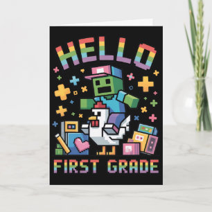 Hello 1st Grade Ck To School Chicken Zombie Pixel  Card