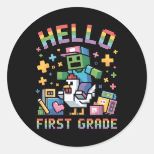 Hello 1st Grade Ck To School Chicken Zombie Pixel  Classic Round Sticker