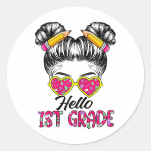 Hello 1st Grade Messy Bun Girls Ck To School Tie D Classic Round Sticker