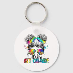 Hello 1st Grade Messy Hair Bun Girl Ck To School F Key Ring
