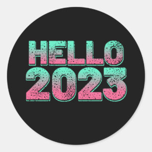 Hello 2023. Happy new year in old retro style Classic Round Sticker