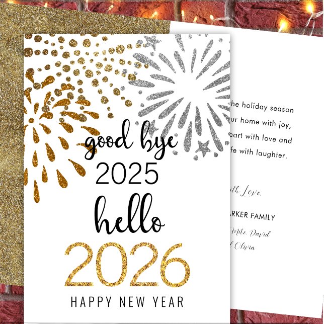 Hello 2024 Gold Glitter Festive Fireworks New Year Holiday Card (Creator Uploaded)
