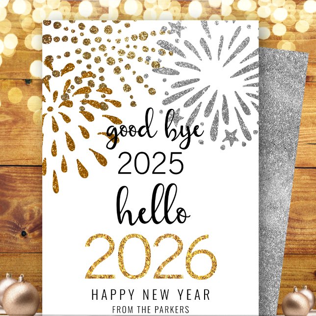 Hello 2024 Gold Glitter Festive Fireworks New Year Holiday Card (Creator Uploaded)