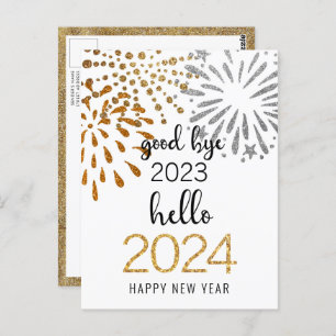 Hello 2024 Gold Glitter New Year Festive Fireworks Postcard