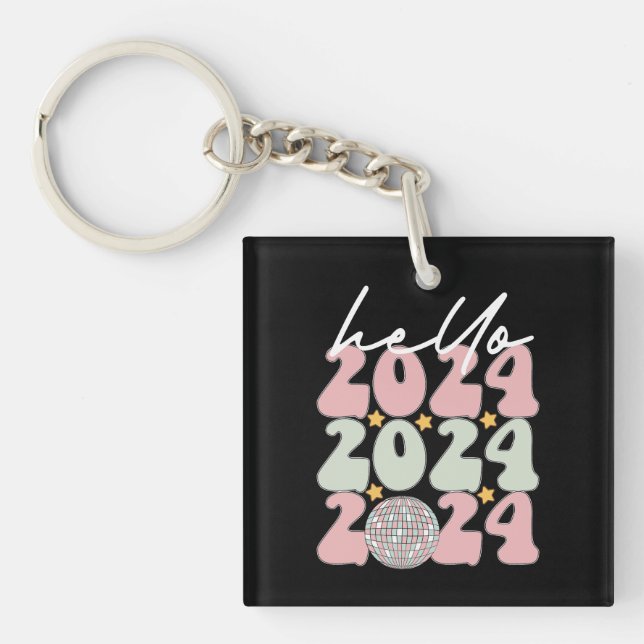 Hello 2024 Groovy Happy New Year Christmas Key Ring (Front)