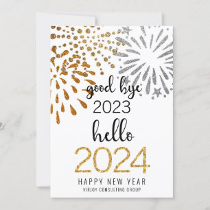 Hello 2025 Business Gold Glitter Festive Fireworks Holiday Card