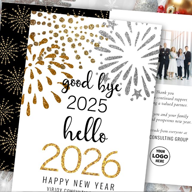 Hello 2025 Business Gold Glitter Festive Fireworks Holiday Card (Creator Uploaded)