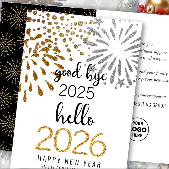 Hello 2025 Business Gold Glitter Festive Fireworks Holiday Card (Creator Uploaded)