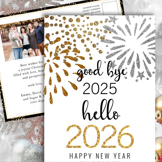 Hello 2025 Festive Fireworks New Year Gold Photo Holiday Postcard (Creator Uploaded)