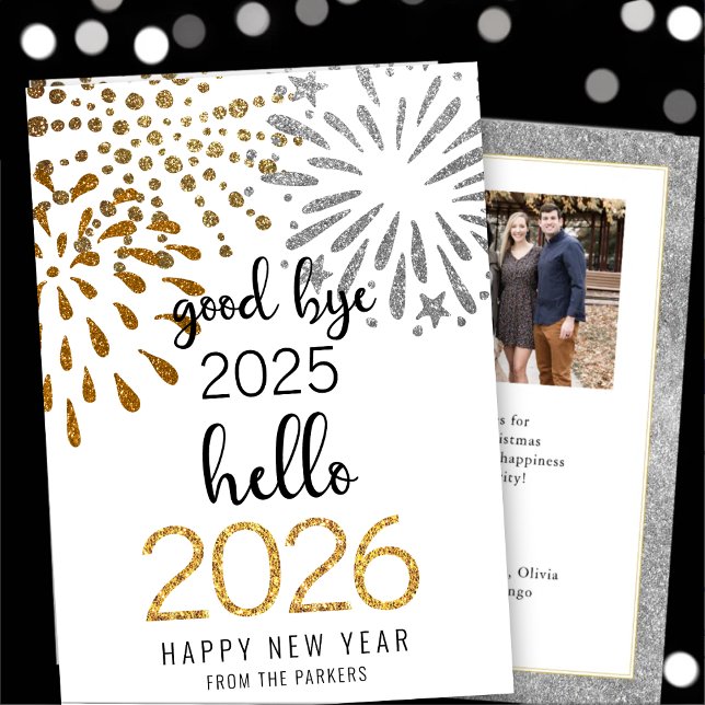 Hello 2025 Gold Glitter Festive Fireworks New Year Holiday Card (Creator Uploaded)