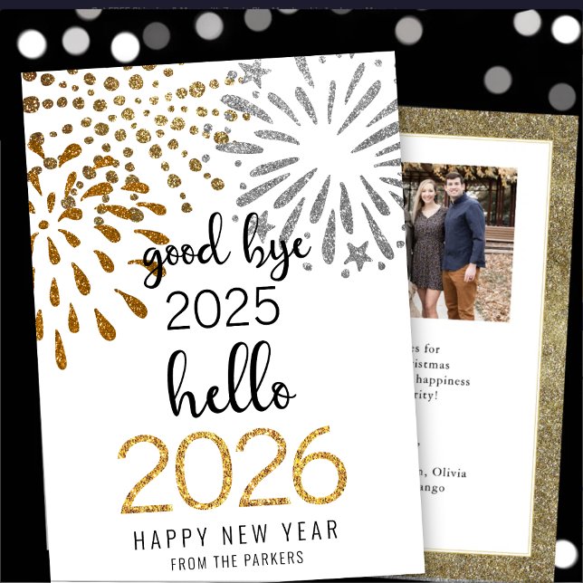 Hello 2025 Gold Glitter Festive Fireworks New Year Holiday Card (Creator Uploaded)