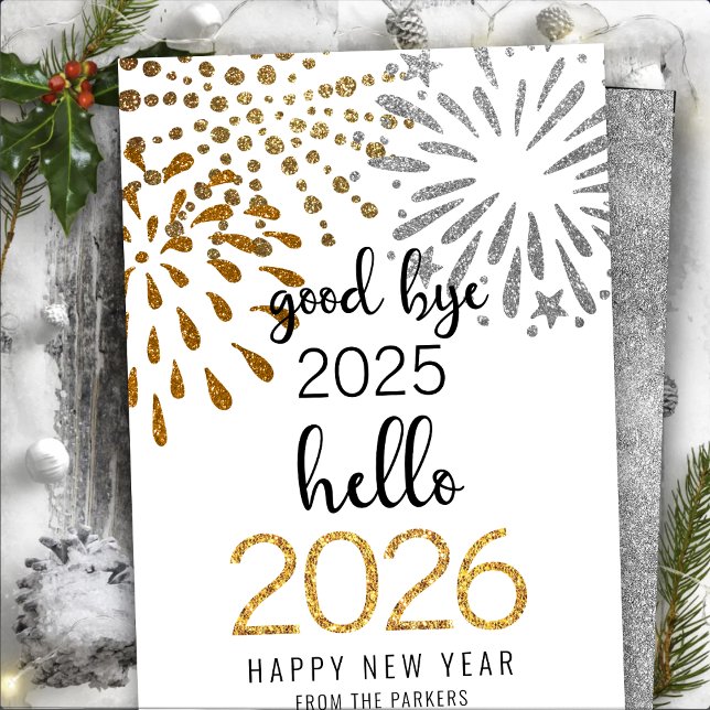 Hello 2025 Gold Glitter Festive Fireworks New Year Holiday Card (Creator Uploaded)