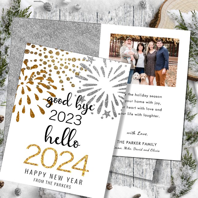 Hello 2025 Gold Glitter Festive Fireworks New Year Holiday Card (Creator Uploaded)