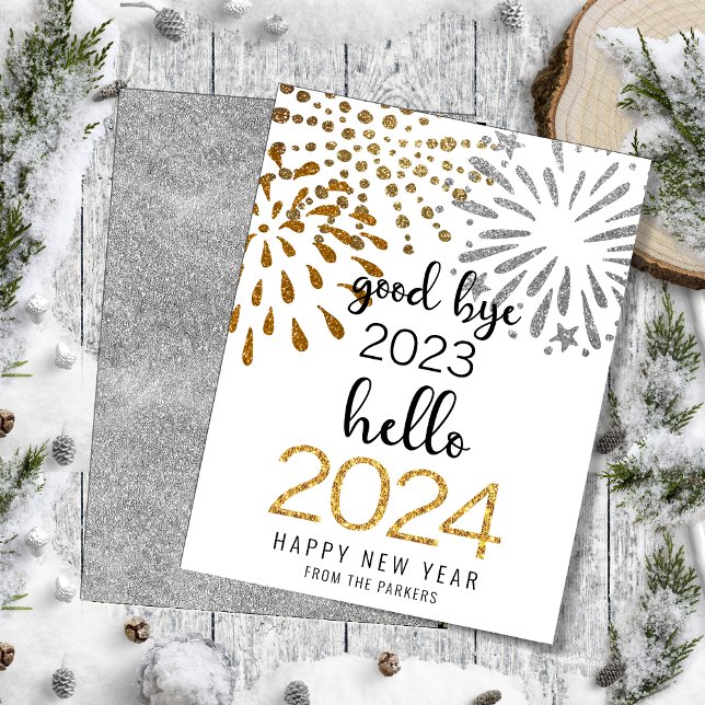 Hello 2025 Gold Glitter Festive Fireworks New Year Holiday Card (Creator Uploaded)