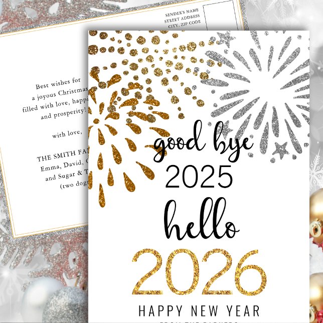 Hello 2025 Gold Glitter Festive Fireworks New Year Holiday Postcard (Creator Uploaded)