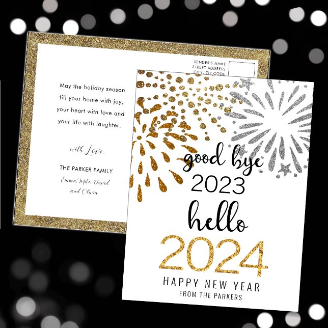 Hello 2025 Gold Glitter Festive Fireworks New Year Holiday Postcard (Creator Uploaded)