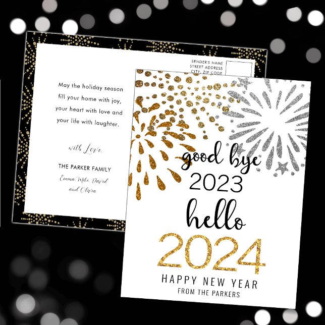 Hello 2025 Gold Glitter Festive Fireworks New Year Holiday Postcard (Creator Uploaded)