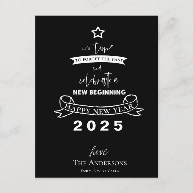 Hello 2025 Typography Black White Star New Year Holiday Postcard (Front)