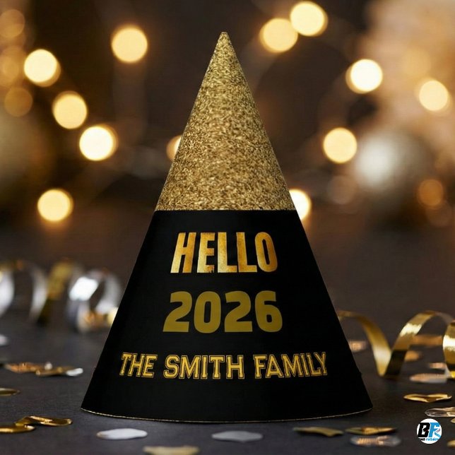 Hello 2026 Black & Gold Glitter Custom Family Name Party Hat (Hello 2026)