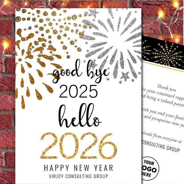 Hello 2026 Business Gold Glitter Festive Fireworks Holiday Card (Creator Uploaded)