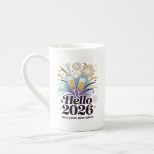 Hello 2026 Celebration– New Year Sparkle Design Bone China Mug