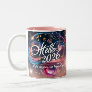 Hello 2026 Cosmic Swirl Fireworks Two-Tone Mug