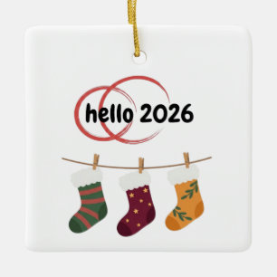 Hello 2026 Cozy New Year Winter Stockings Graphic Ceramic Ornament