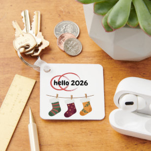 Hello 2026 Cozy New Year Winter Stockings Graphic Key Ring