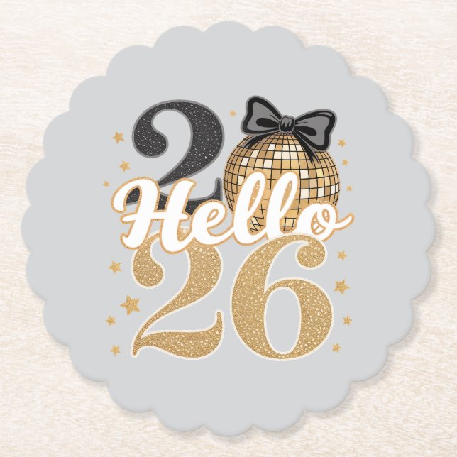 Hello 2026 Disco Ball Celebration Paper Coaster (Front)