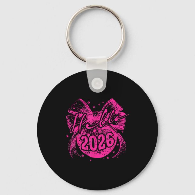 Hello 2026 Disco Ball Coquette Bow Happy New Year  Key Ring (Front)